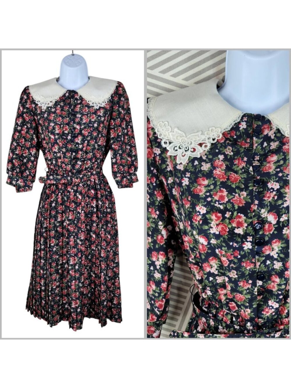 Vintage 80s Lace Collar Dress Size 4/6 Floral Knee Length Secretary Granny